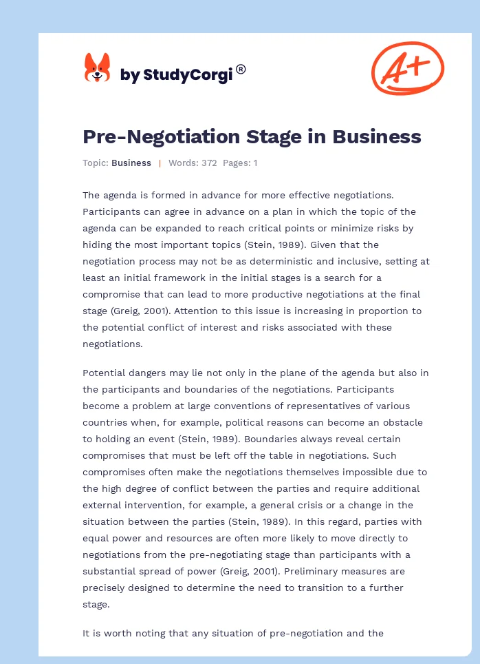 Pre-Negotiation Stage in Business. Page 1
