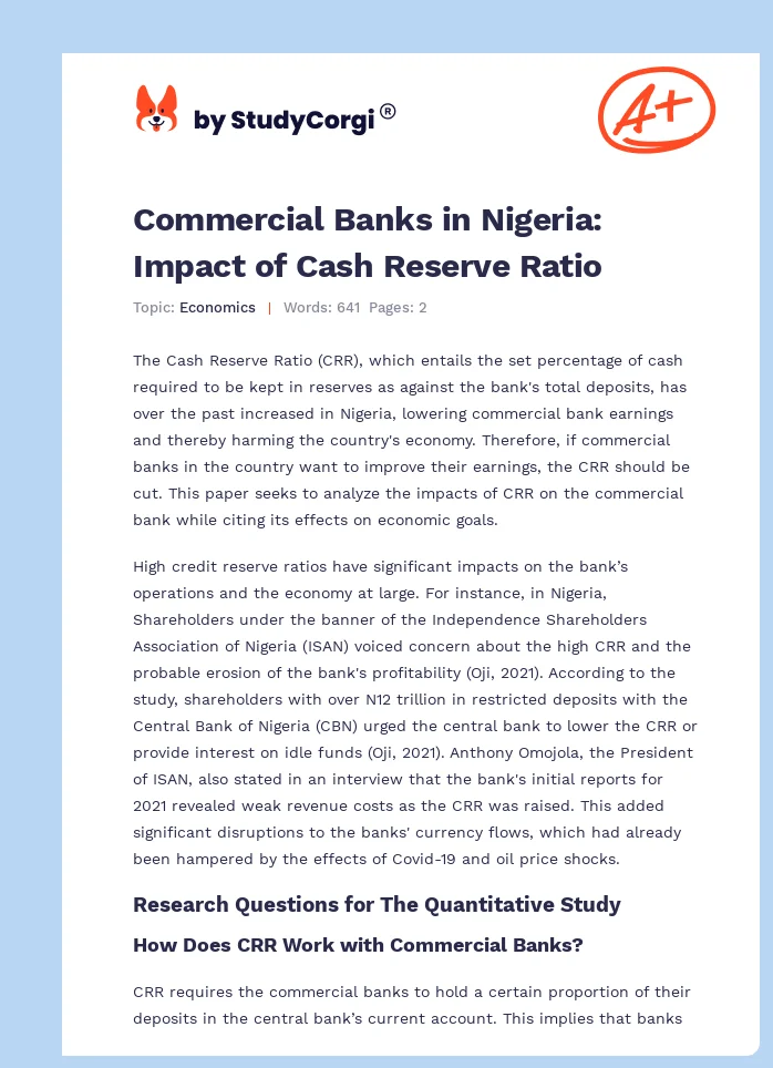 Commercial Banks in Nigeria: Impact of Cash Reserve Ratio. Page 1
