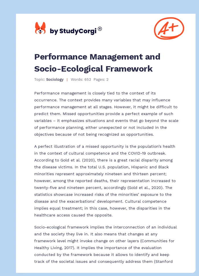 Performance Management and Socio-Ecological Framework. Page 1
