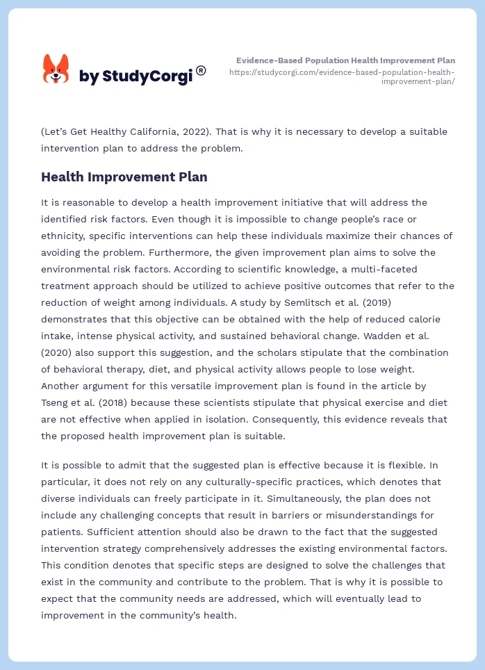 Evidence-Based Population Health Improvement Plan. Page 2