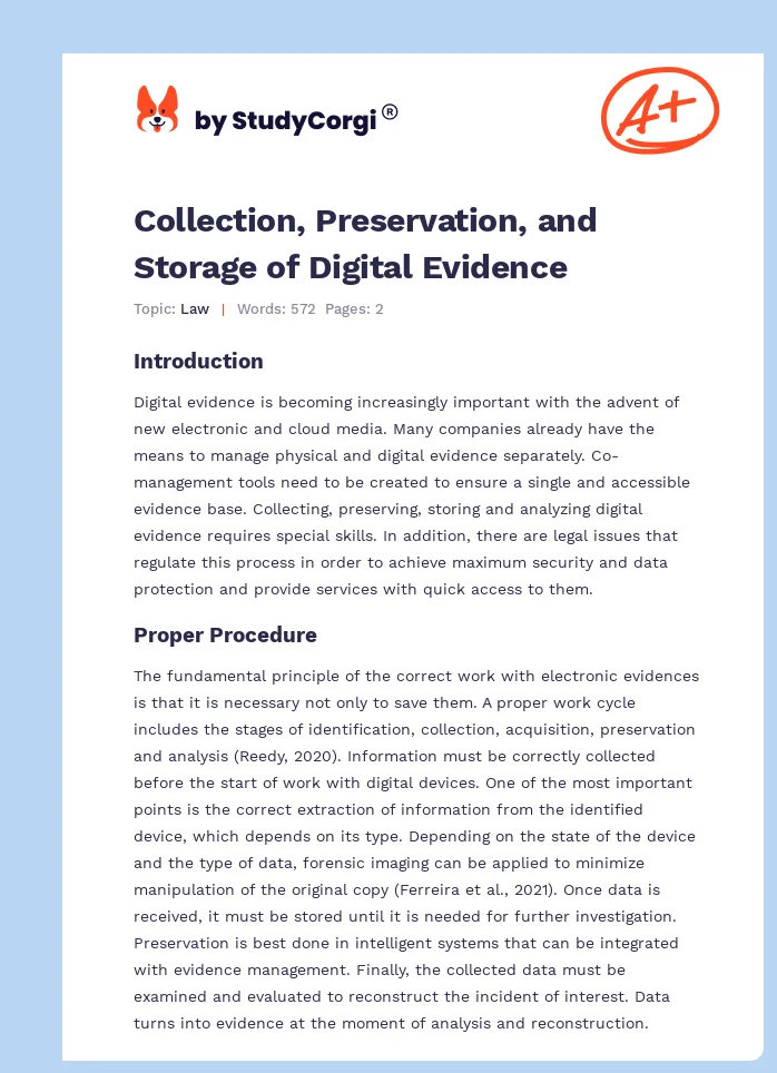 Collection, Preservation, and Storage of Digital Evidence. Page 1