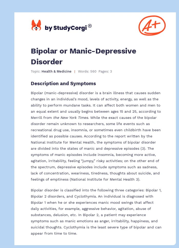 Bipolar or Manic-Depressive Disorder. Page 1