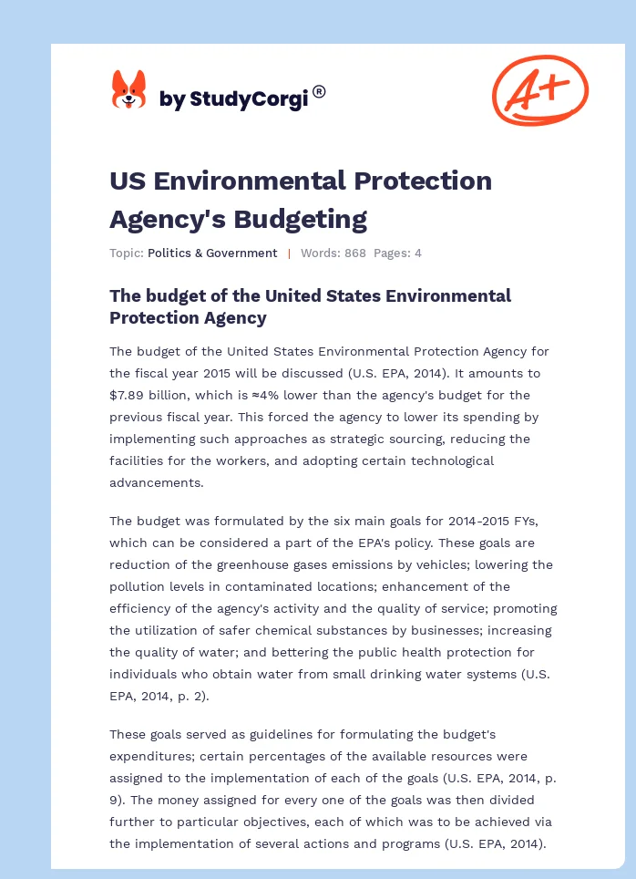 US Environmental Protection Agency's Budgeting. Page 1