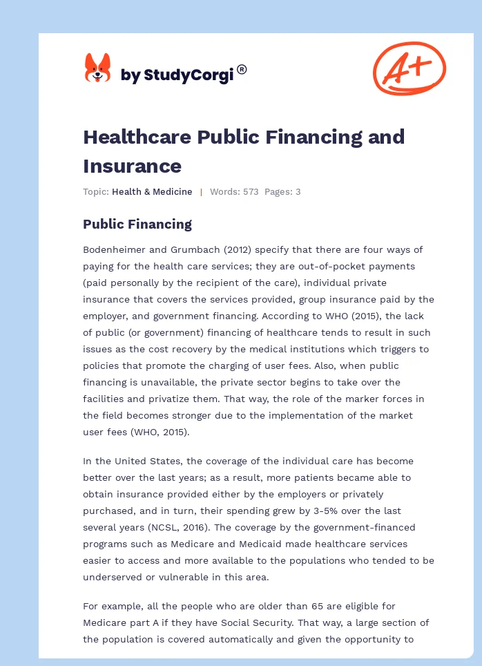 Healthcare Public Financing and Insurance. Page 1