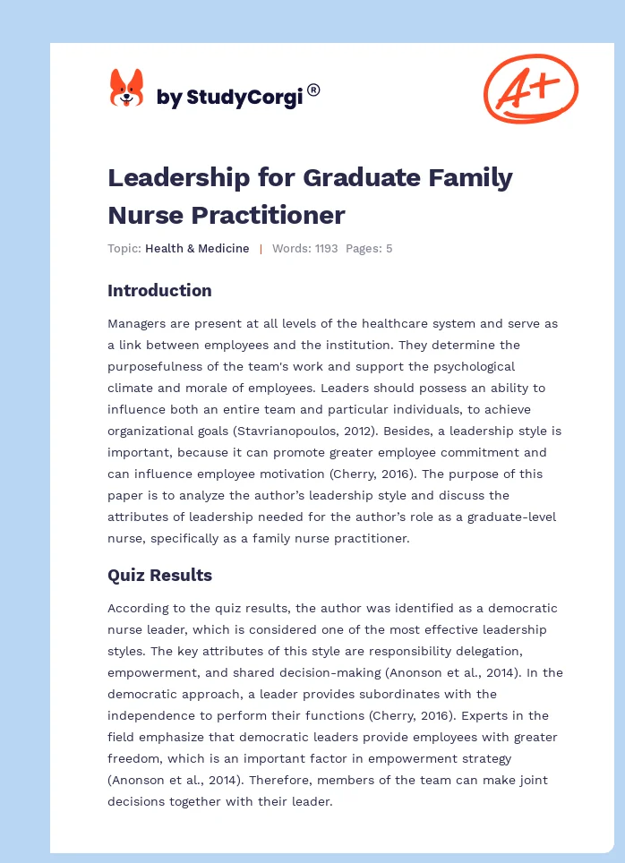 Leadership for Graduate Family Nurse Practitioner. Page 1