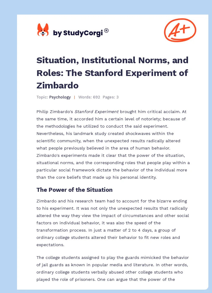 Situation, Institutional Norms, and Roles: The Stanford Experiment of Zimbardo. Page 1