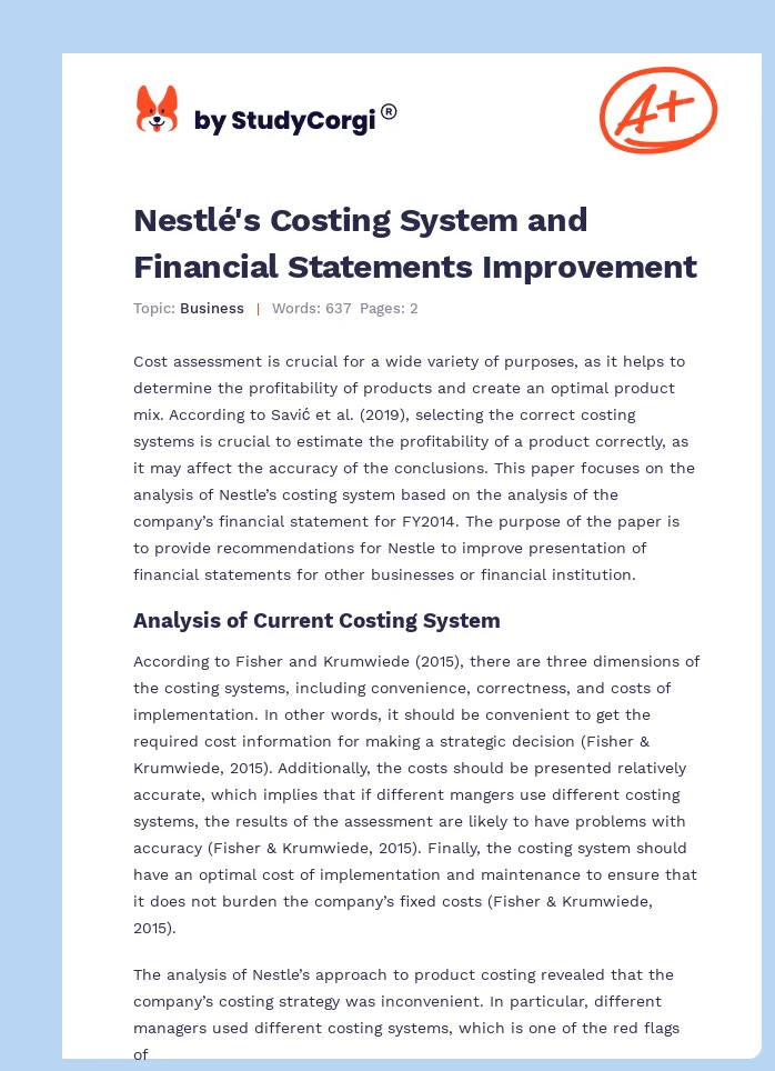 Nestlé's Costing System and Financial Statements Improvement. Page 1