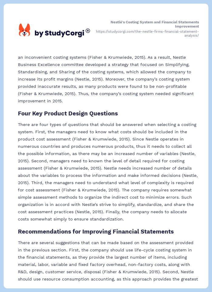 Nestlé's Costing System and Financial Statements Improvement. Page 2
