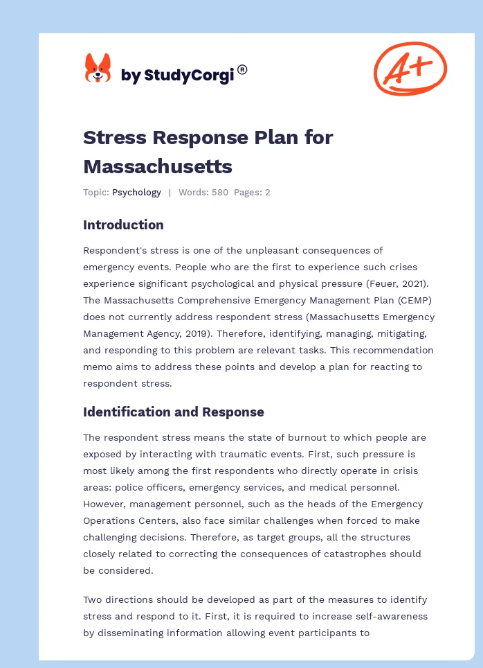 Stress Response Plan for Massachusetts. Page 1
