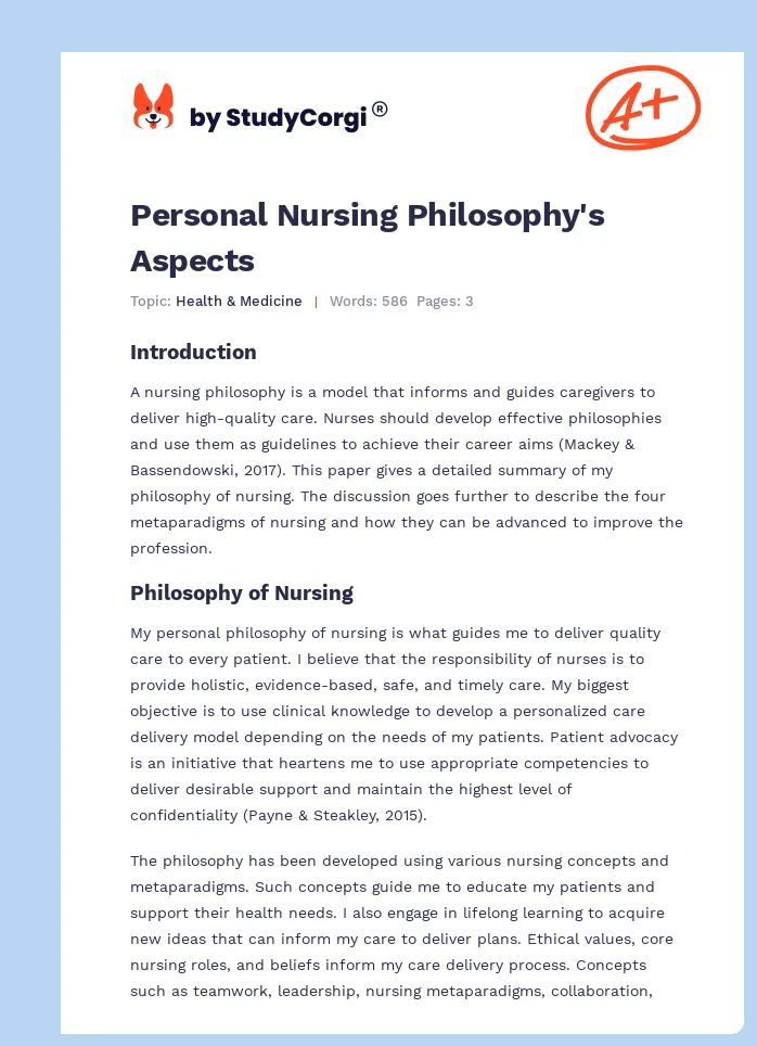 Personal Nursing Philosophy's Aspects. Page 1