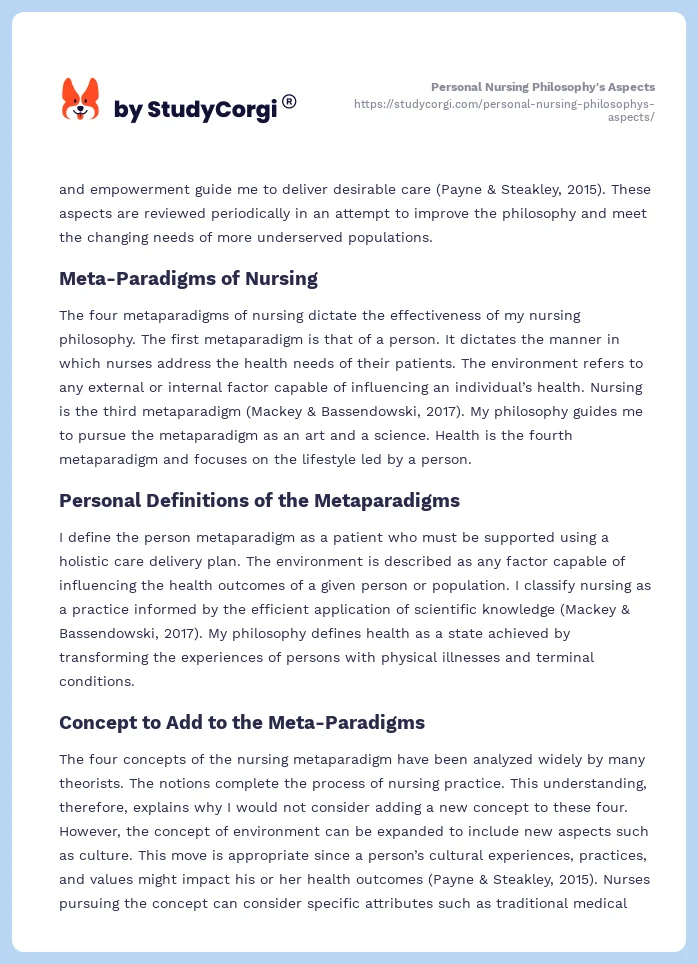 Personal Nursing Philosophy's Aspects. Page 2