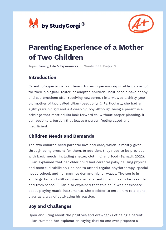 Parenting Experience of a Mother of Two Children. Page 1