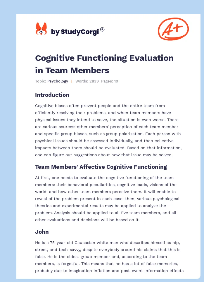 Cognitive Functioning Evaluation in Team Members. Page 1