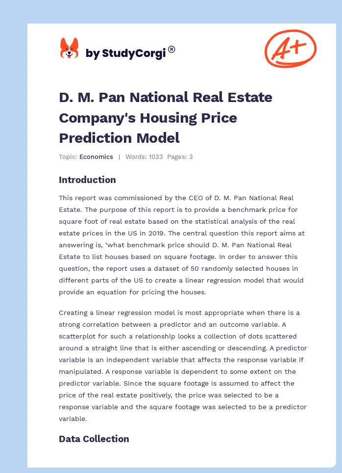 D. M. Pan National Real Estate Company's Housing Price Prediction Model. Page 1