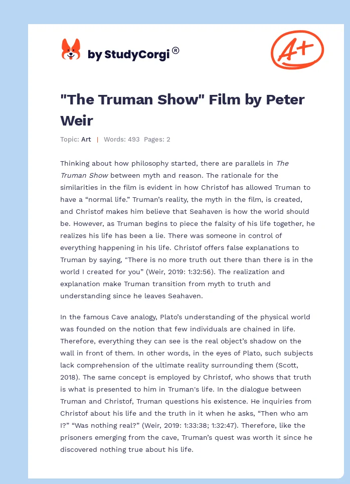 "The Truman Show" Film by Peter Weir. Page 1
