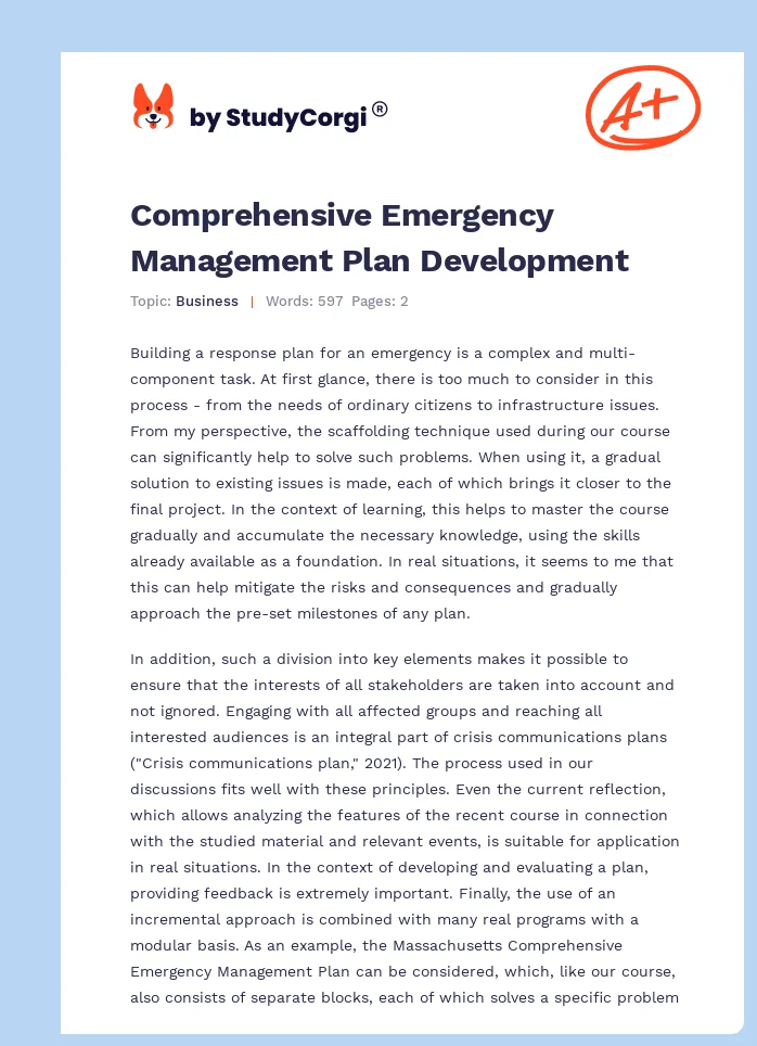 Comprehensive Emergency Management Plan Development. Page 1