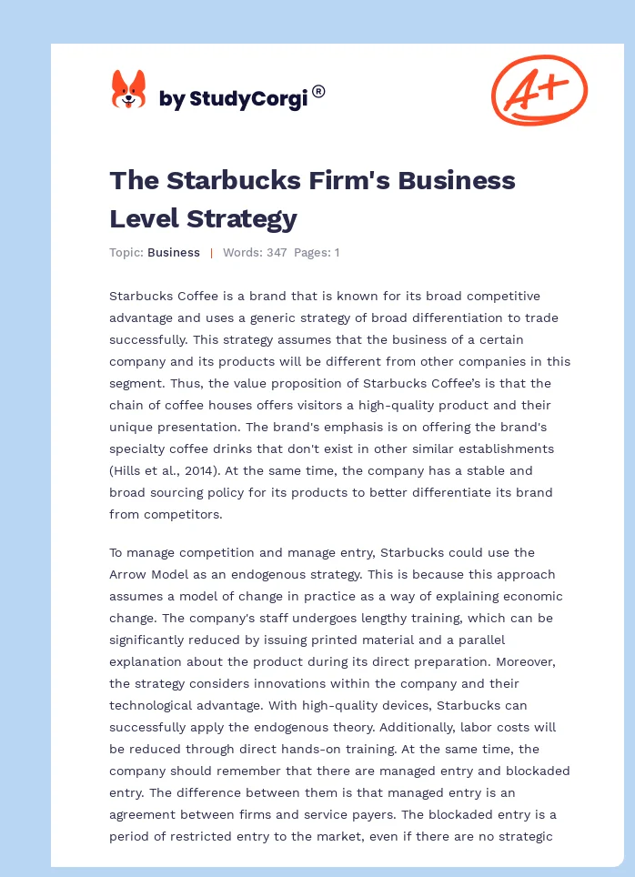The Starbucks Firm's Business Level Strategy. Page 1