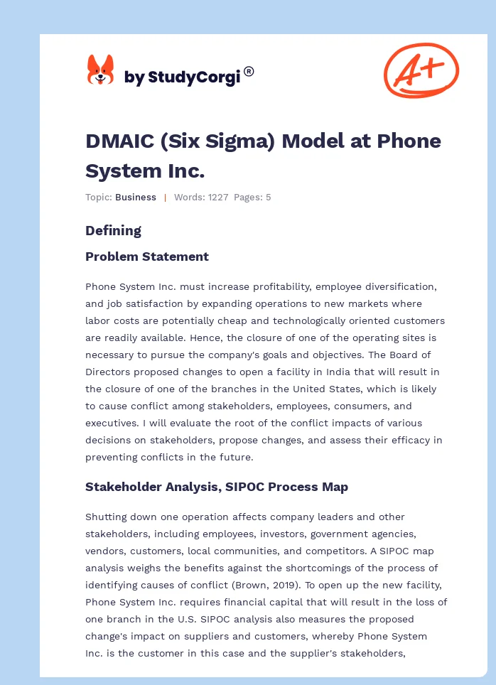 DMAIC (Six Sigma) Model at Phone System Inc.. Page 1