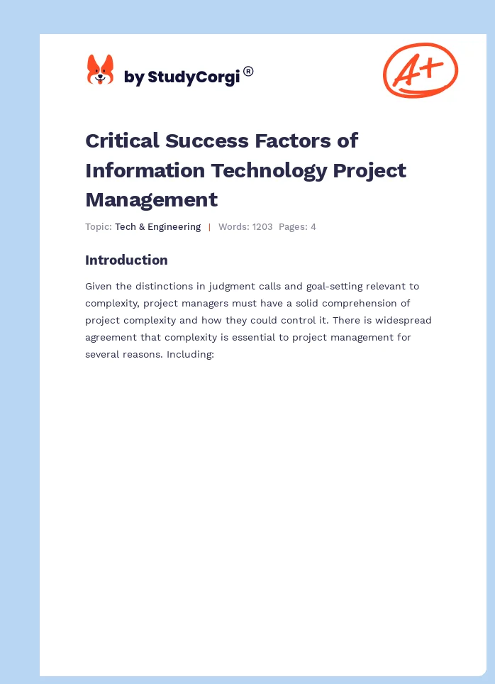 Critical Success Factors of Information Technology Project Management. Page 1