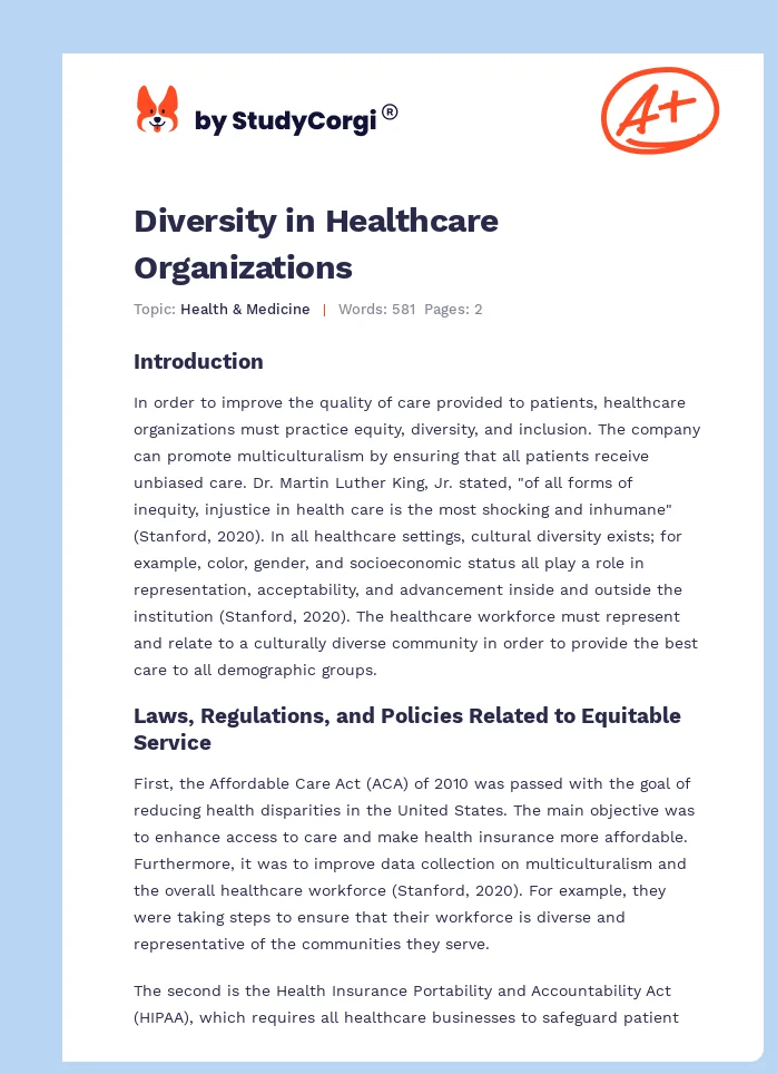 Diversity In Healthcare Organizations Free Essay Example