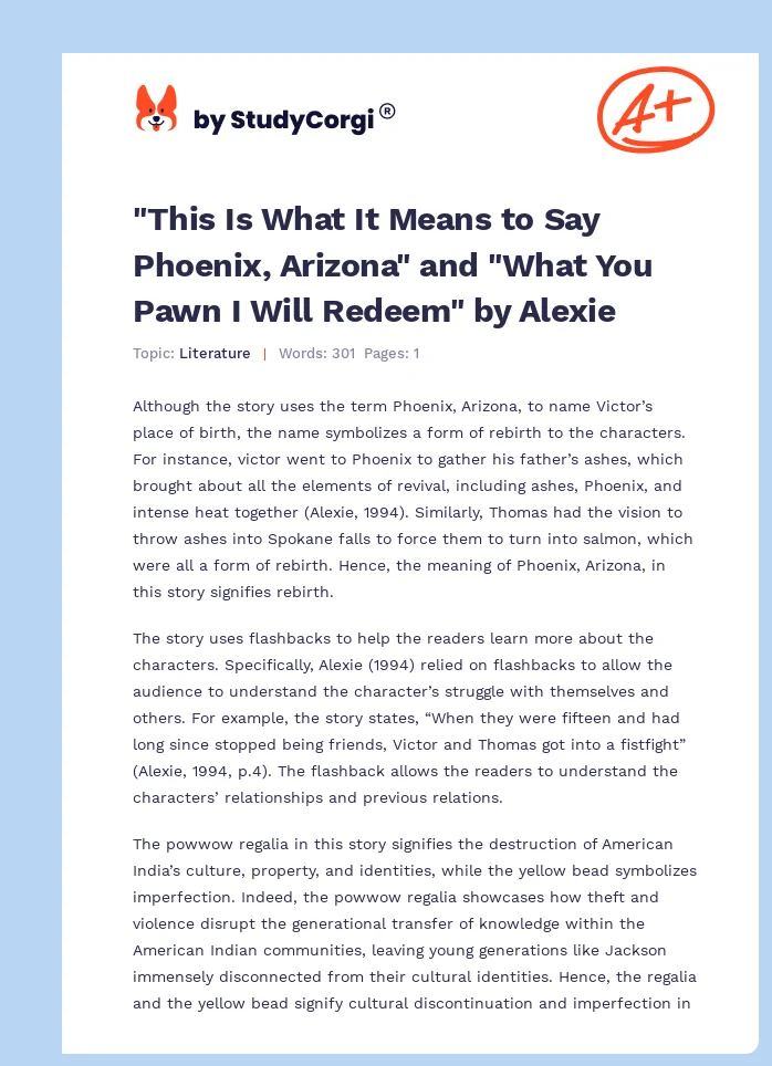 "This Is What It Means to Say Phoenix, Arizona" and "What You Pawn I Will Redeem" by Alexie. Page 1