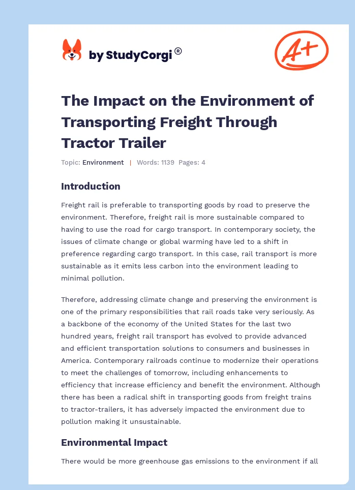 The Impact on the Environment of Transporting Freight Through Tractor Trailer. Page 1