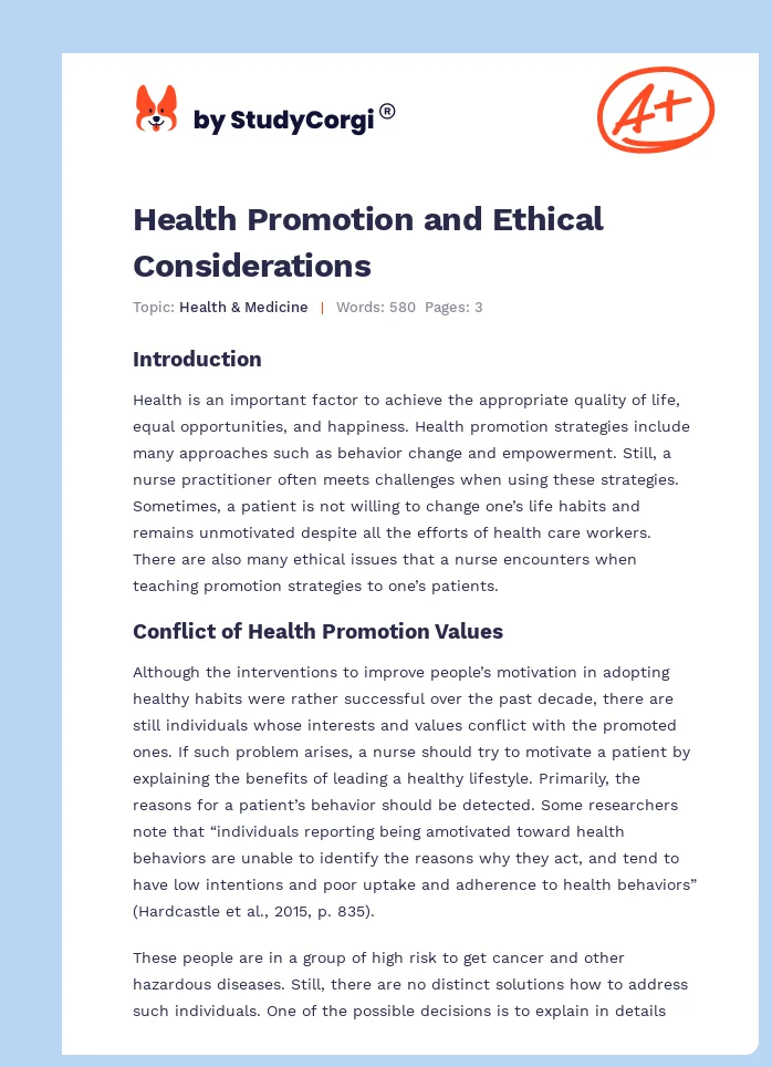 Health Promotion and Ethical Considerations. Page 1