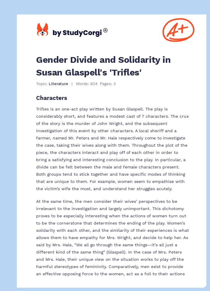 Gender Divide and Solidarity in Susan Glaspell's 'Trifles'. Page 1