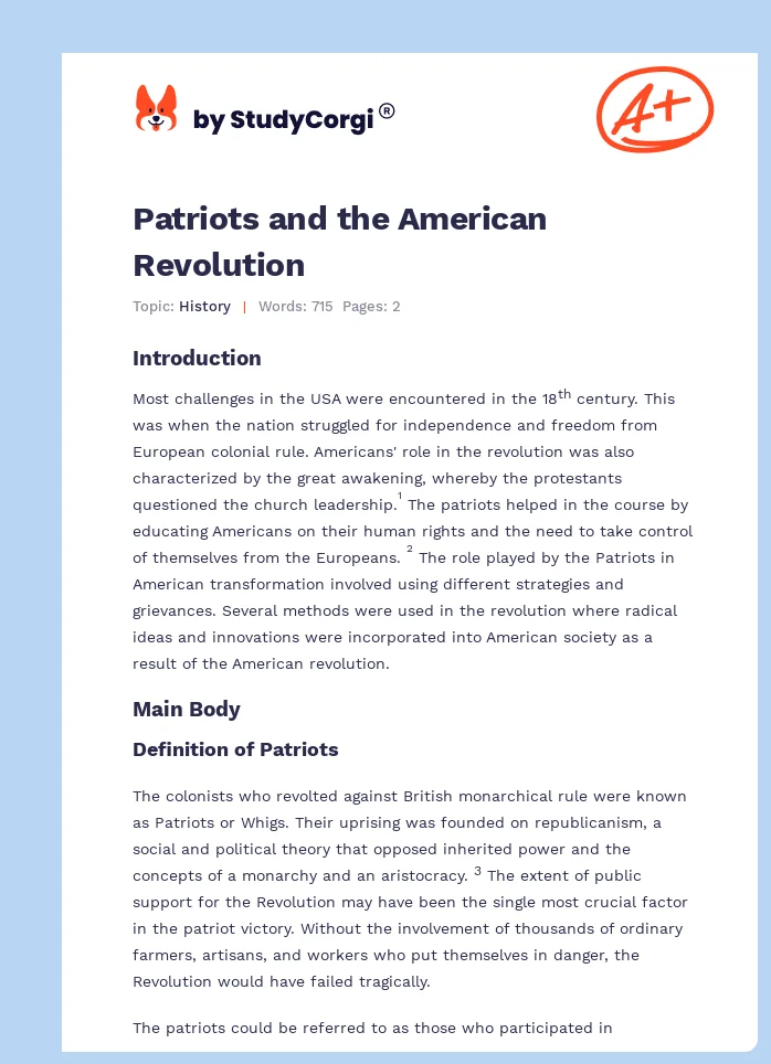 Patriots and the American Revolution. Page 1
