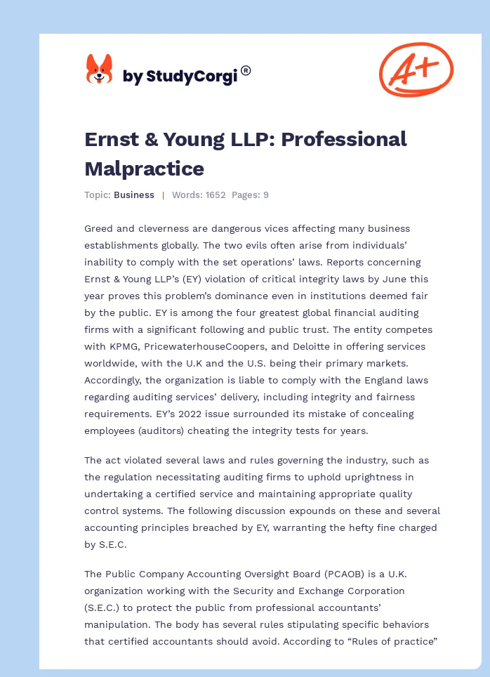 Ernst & Young LLP: Professional Malpractice. Page 1