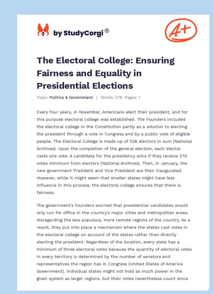The Electoral College: Ensuring Fairness and Equality in Presidential Elections. Page 1