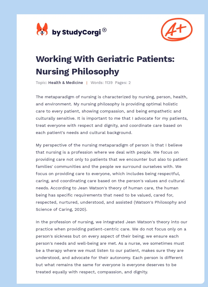 Working With Geriatric Patients: Nursing Philosophy. Page 1