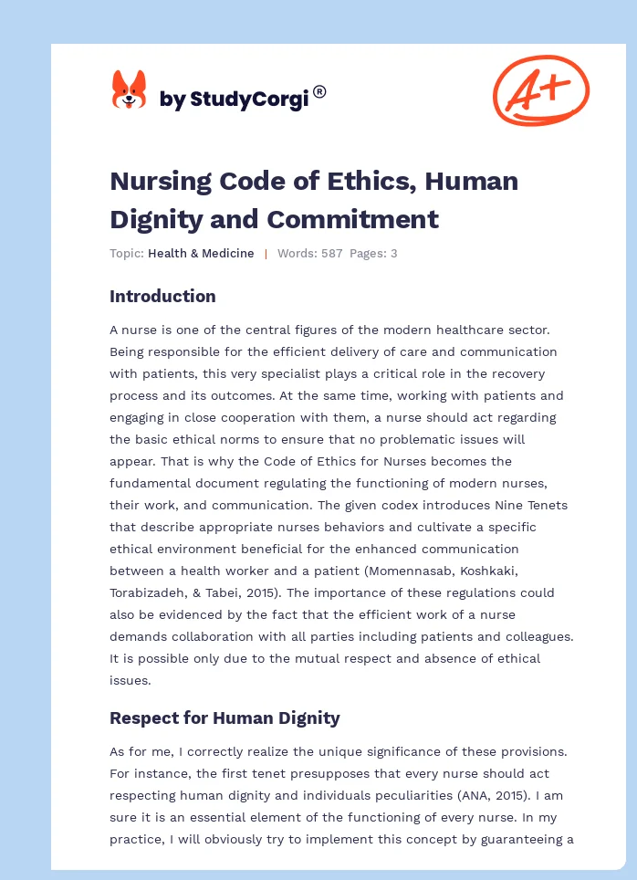 Nursing Code of Ethics, Human Dignity and Commitment. Page 1