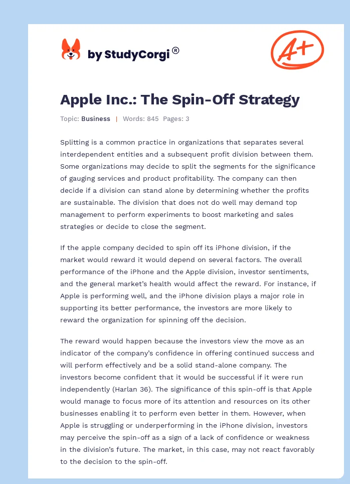 Apple Inc.: The Spin-Off Strategy. Page 1