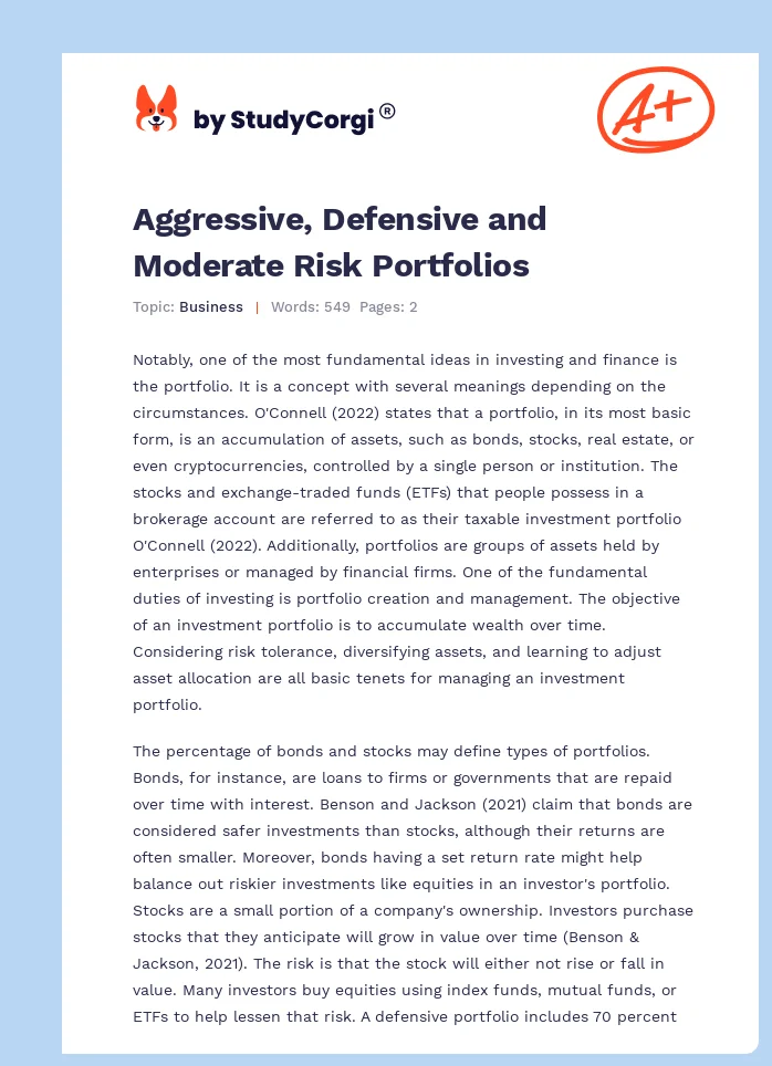 Aggressive, Defensive and Moderate Risk Portfolios. Page 1