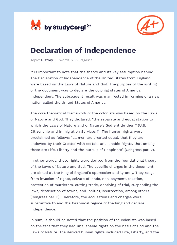 The US Declaration of Independence. Page 1