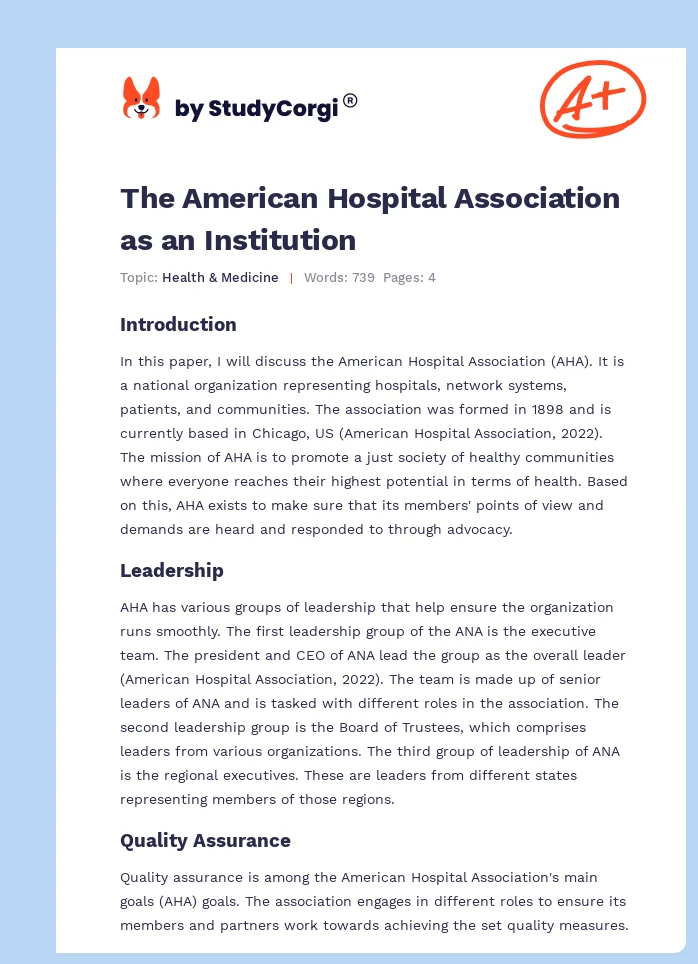 The American Hospital Association as an Institution. Page 1