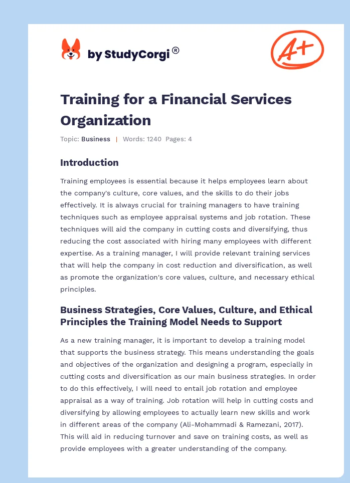 Training for a Financial Services Organization. Page 1