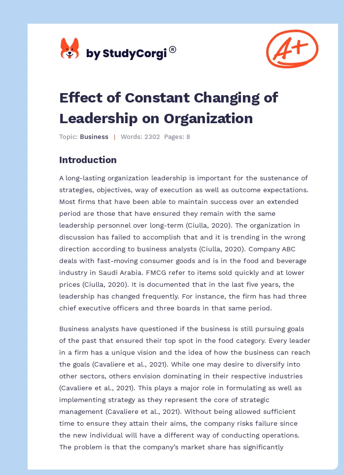 Effect of Constant Changing of Leadership on Organization. Page 1