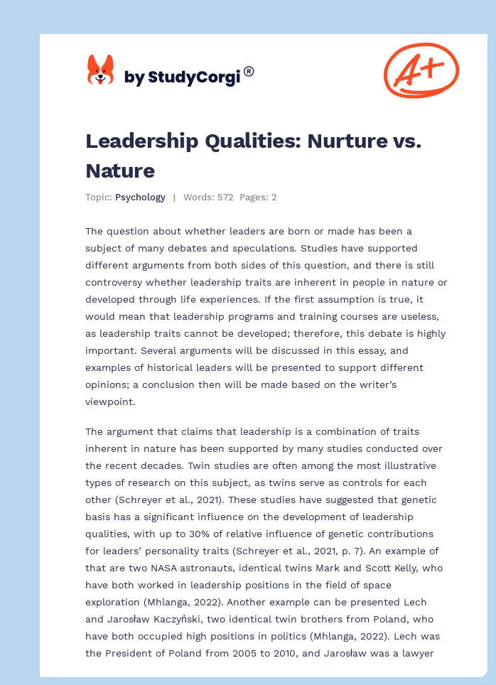 Leadership Qualities: Nurture vs. Nature. Page 1