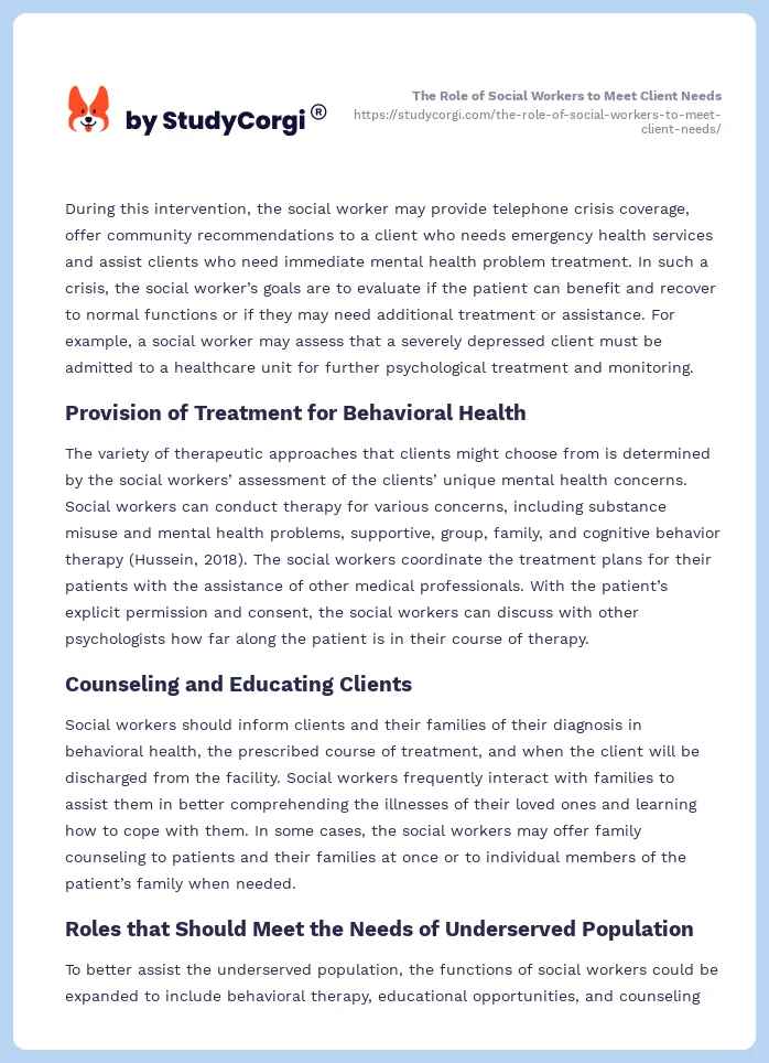 The Role of Social Workers to Meet Client Needs. Page 2