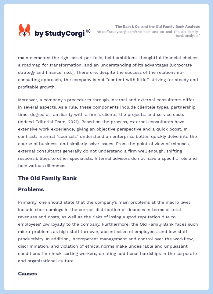 The Bain & Co. and the Old Family Bank Analysis. Page 2