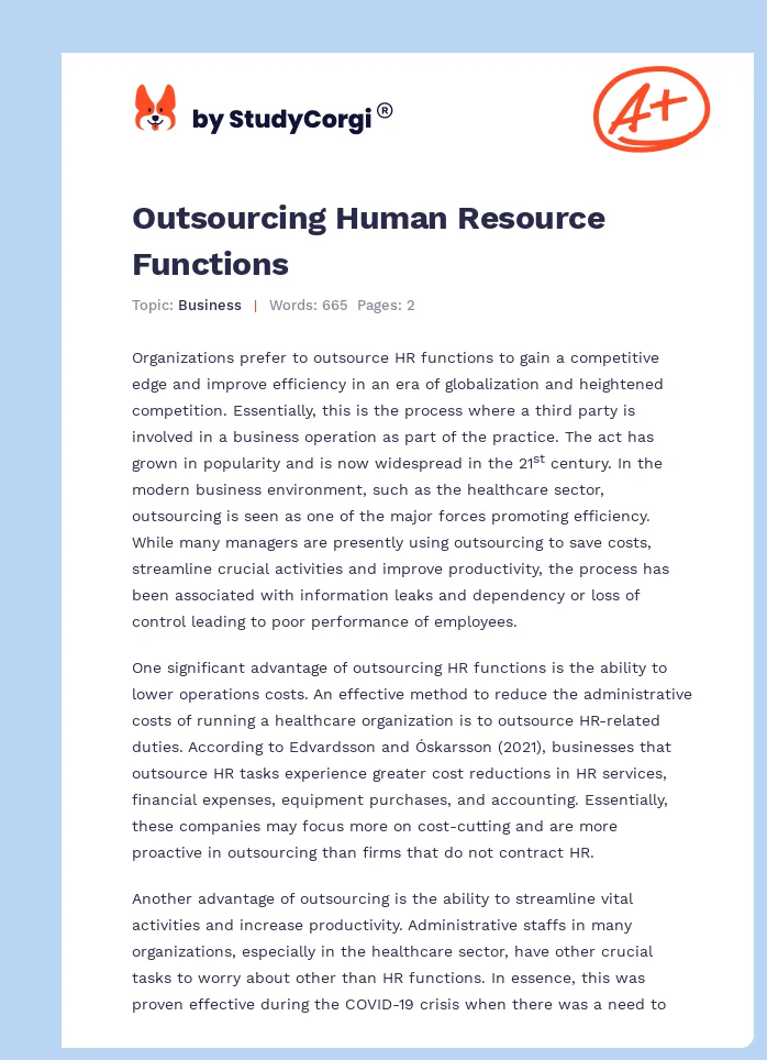 Outsourcing Human Resource Functions. Page 1