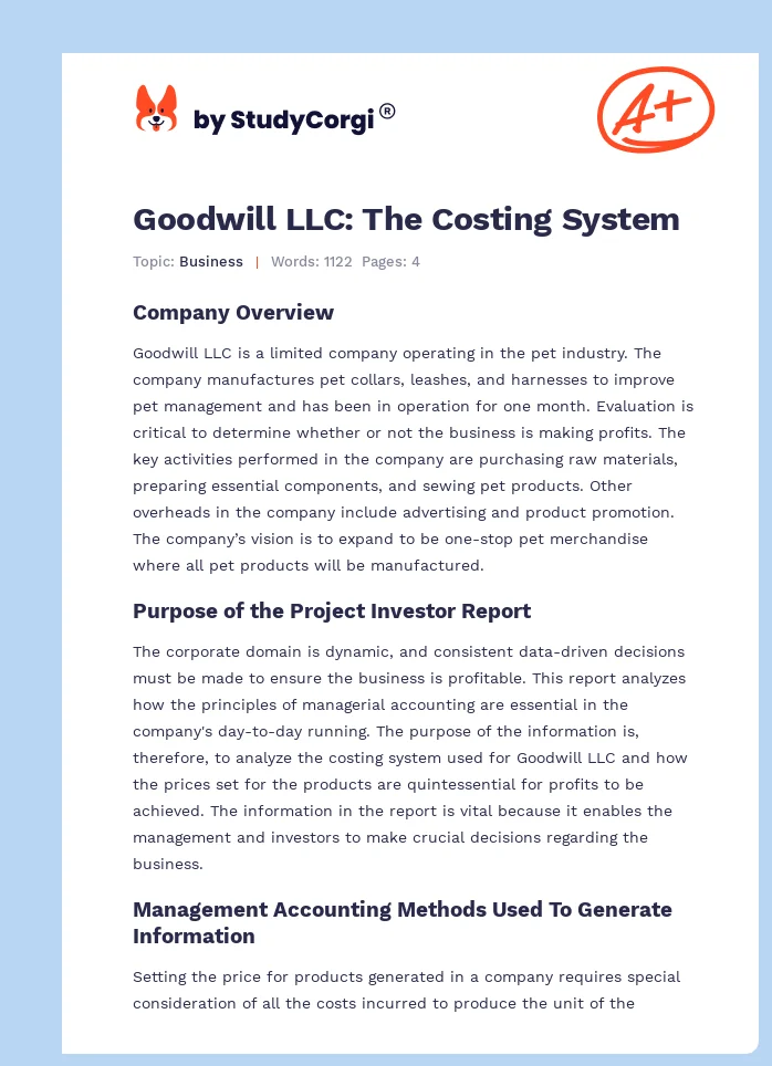 Goodwill LLC: The Costing System. Page 1