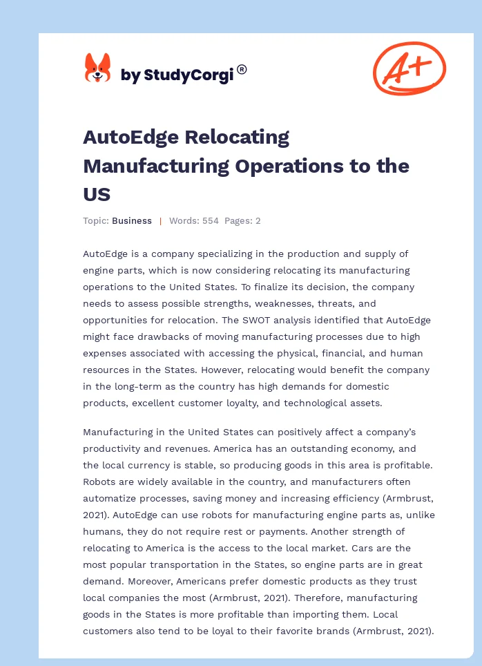 AutoEdge Relocating Manufacturing Operations to the US. Page 1