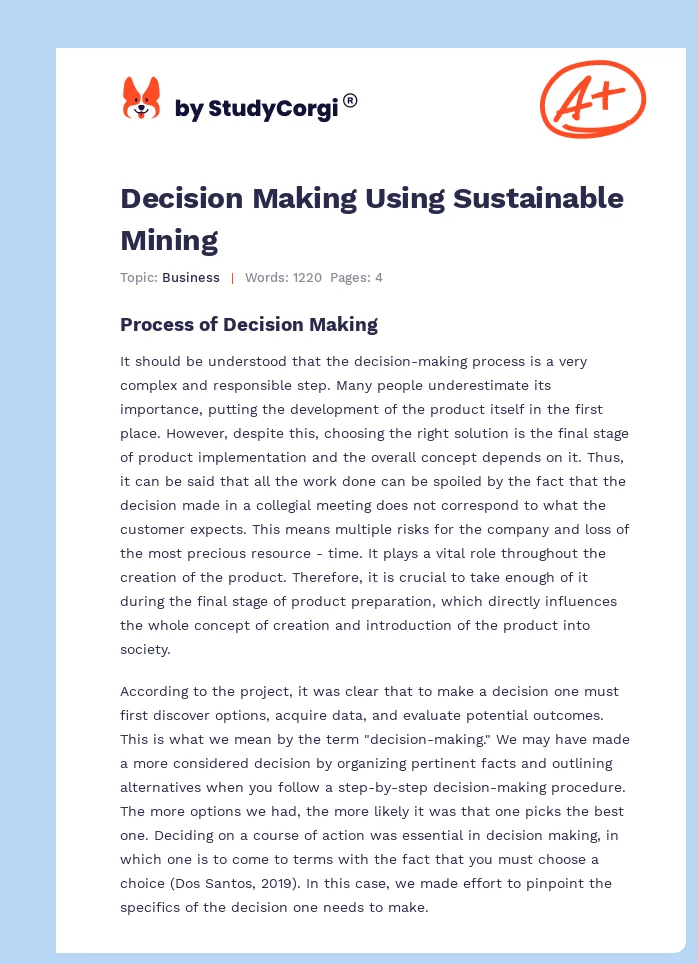Decision Making Using Sustainable Mining. Page 1