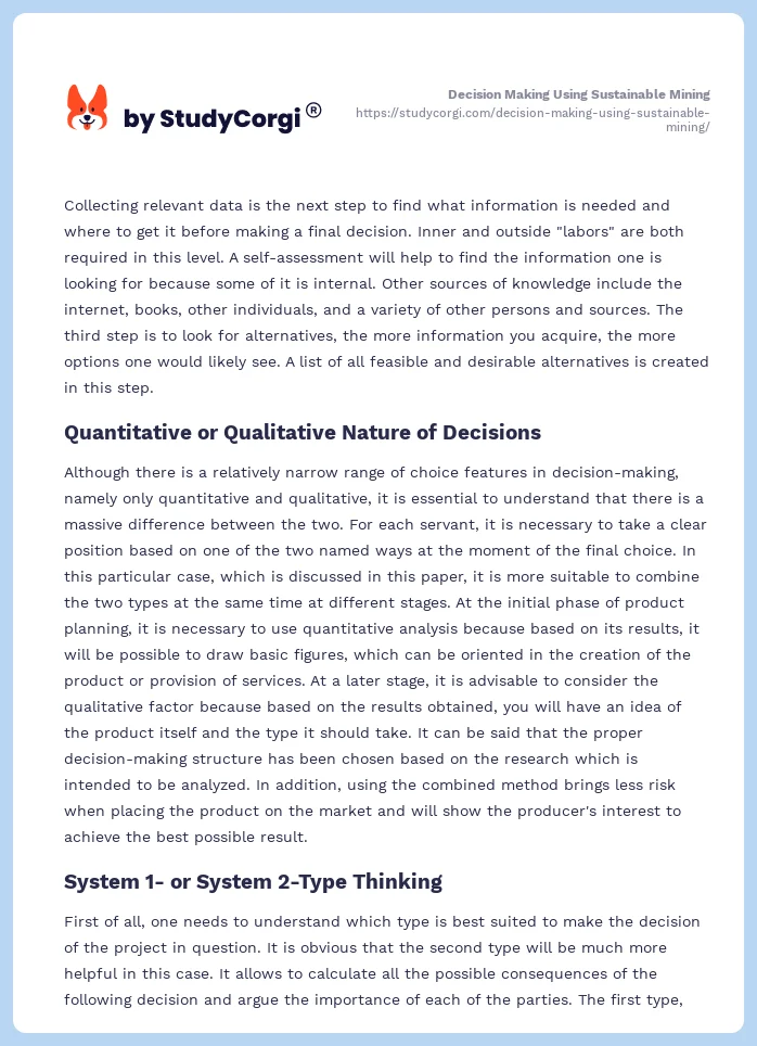 Decision Making Using Sustainable Mining. Page 2