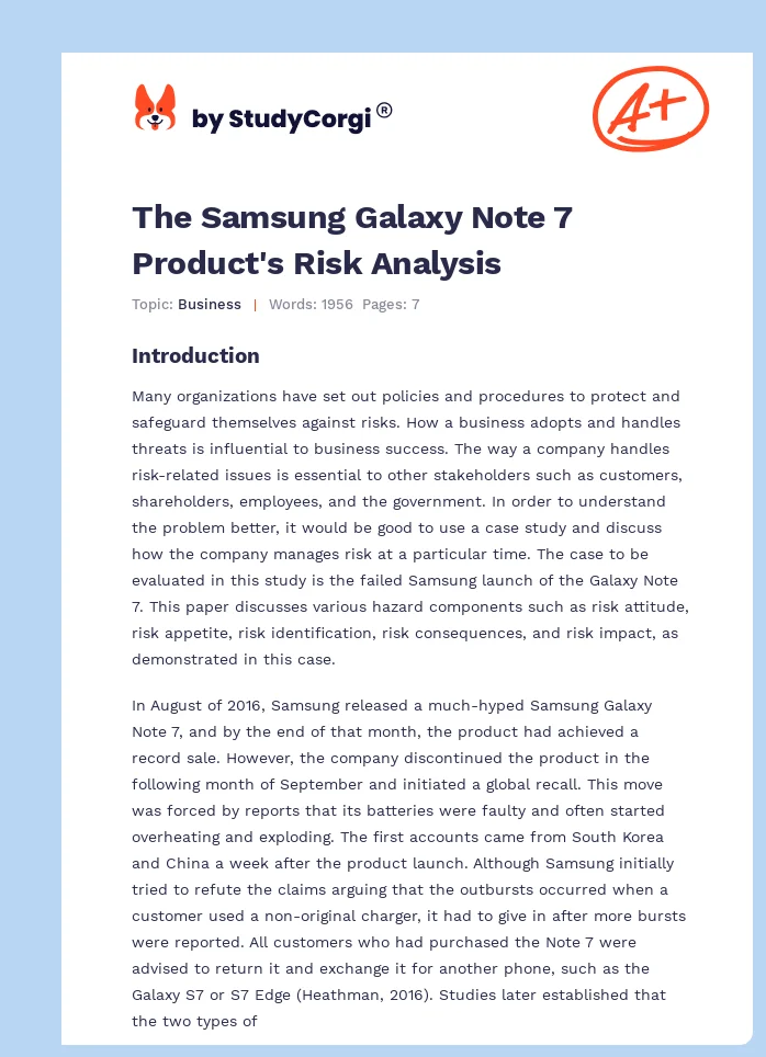 The Samsung Galaxy Note 7 Product's Risk Analysis. Page 1