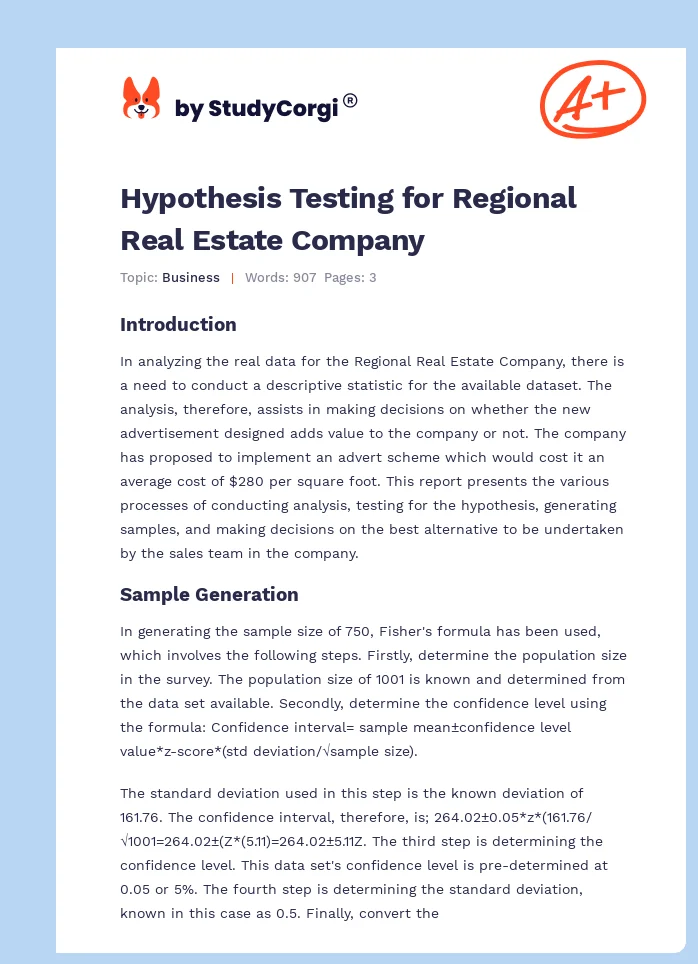 Hypothesis Testing for Regional Real Estate Company. Page 1