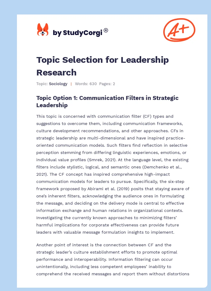 Topic Selection for Leadership Research. Page 1